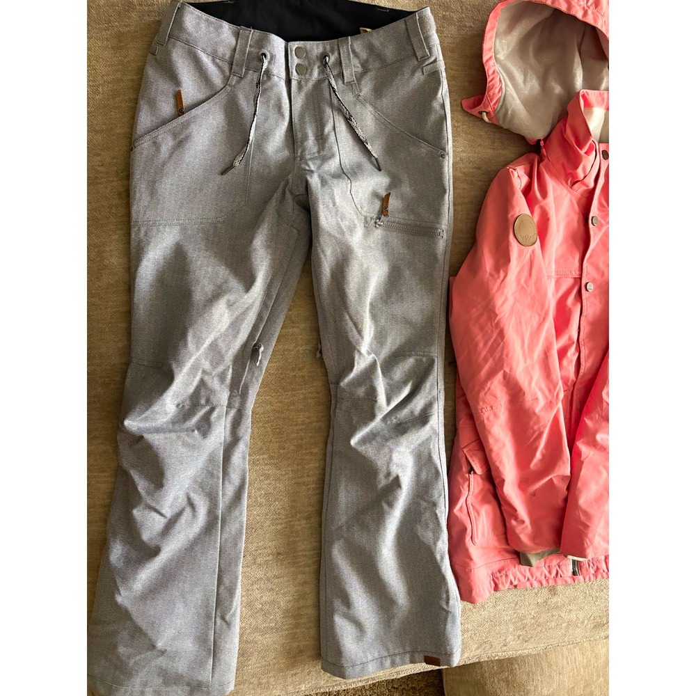 ROXY Cabin Pant Women's S Gray Herringbone Snow Pants Ski/Snowboard Pockets